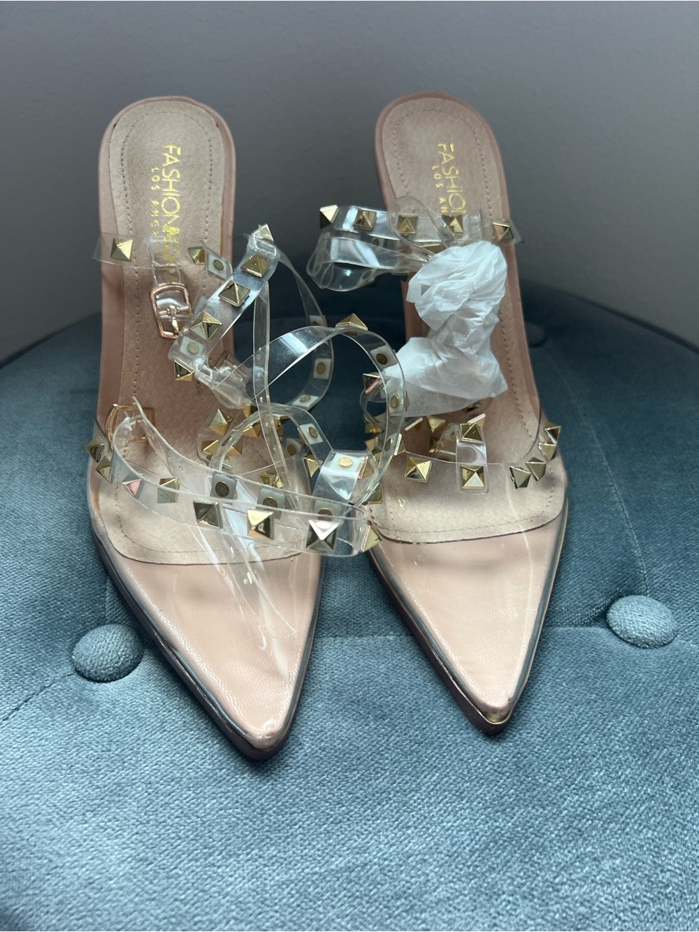Fashion Nova Blush Pointed Clear Studded Mules